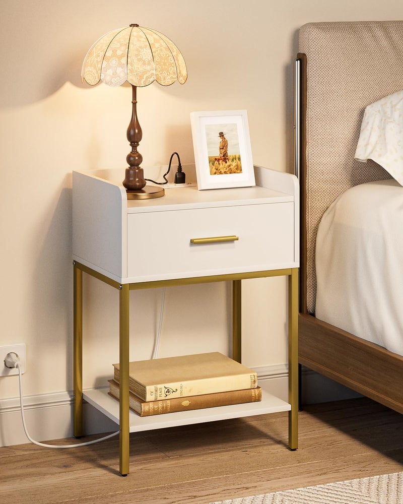 Apetaccat Nightstand with Charging Station,3-Tier Bedside Table for Small Space,Modern Night Stand with Storage Drawer and Shelf,Small Side Table for Bedroom,Living Room,White - Image 1