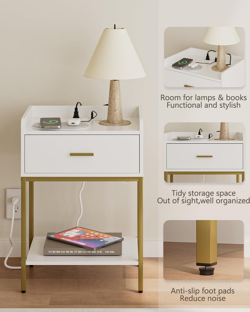 Apetaccat Nightstand with Charging Station,3-Tier Bedside Table for Small Space,Modern Night Stand with Storage Drawer and Shelf,Small Side Table for Bedroom,Living Room,White - Image 4