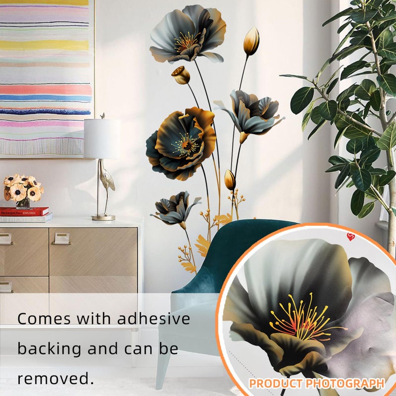 TUOKING Black Gold Flowers Wall Stickers Decor Removable Wall Murals Peel and Stick Wall Art Decal Home Decor for Kitchen,Bedroom,Living Room(MS3241) - Image 4