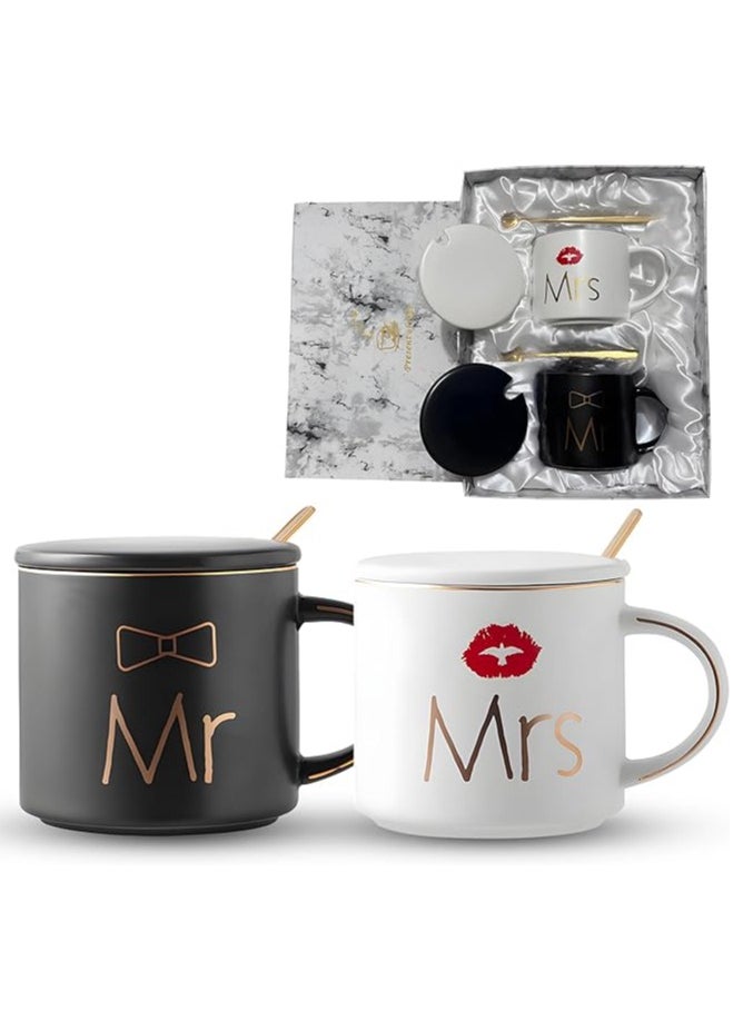 DANEEN Mr and Mrs Coffee Mug, ceramic marble coffee/tea Cupp with lid, Spoon set, personalized gift set for Couple, Parents, Wedding Gift, Bridal, Engagement (14oz) (Black/White)  - Image 1