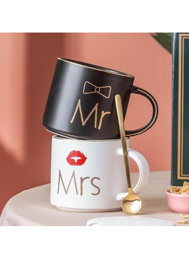 DANEEN Mr and Mrs Coffee Mug, ceramic marble coffee/tea Cupp with lid, Spoon set, personalized gift set for Couple, Parents, Wedding Gift, Bridal, Engagement (14oz) (Black/White)  - Image 2