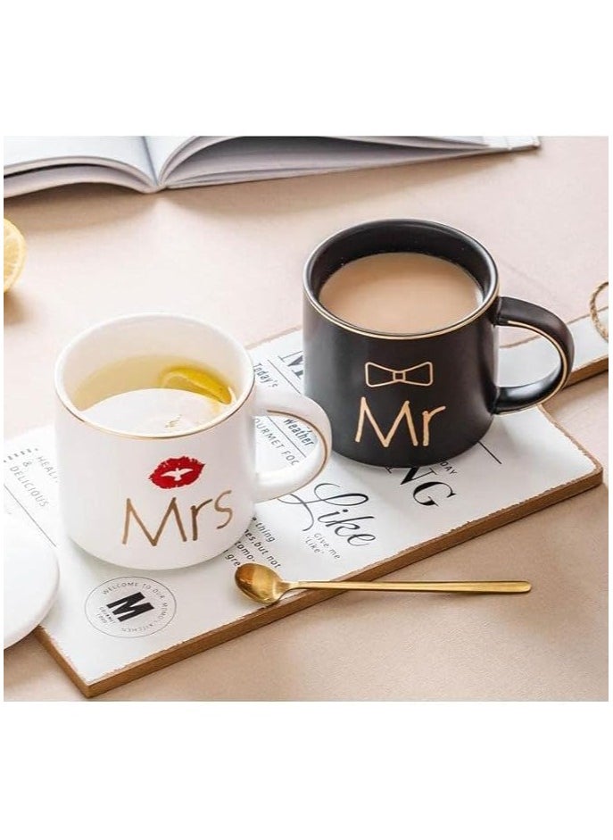 DANEEN Mr and Mrs Coffee Mug, ceramic marble coffee/tea Cupp with lid, Spoon set, personalized gift set for Couple, Parents, Wedding Gift, Bridal, Engagement (14oz) (Black/White)  - Image 4