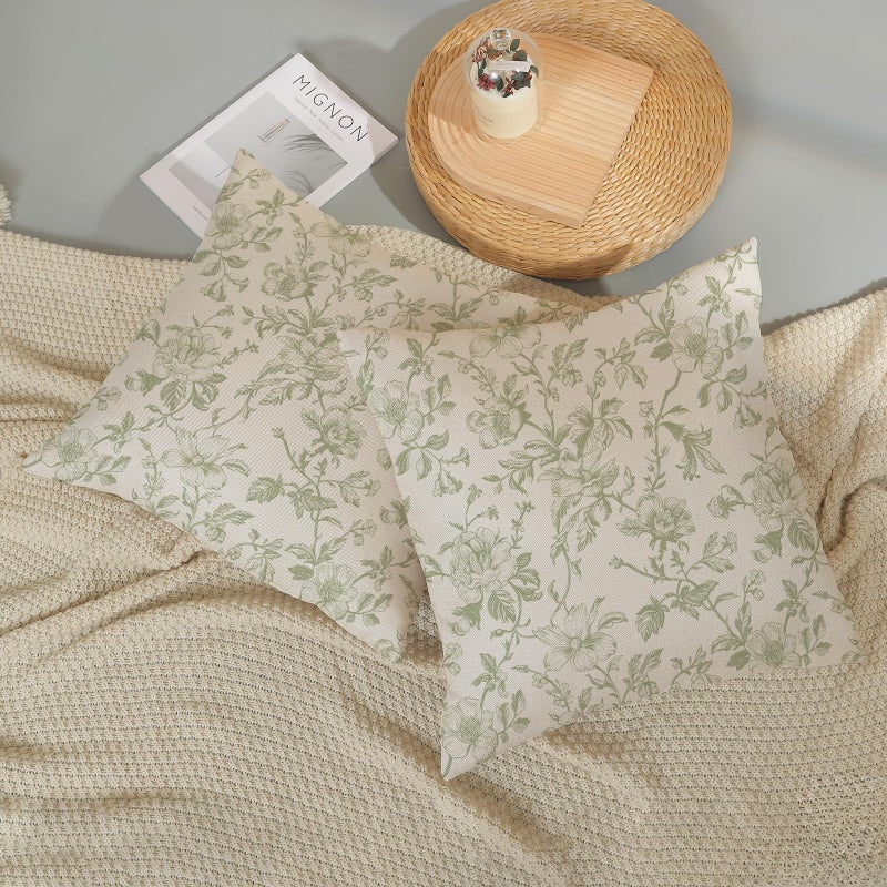 JEFERSO Sage Green Floral Pillow Covers 18x18 Set of 2 Light Green Chinoiserie Floral Decorative Throw Pillows Vintage Rustic Toile Flower Pillowcase Outdoor Decor Linen Cushion Cover for Couch Sofa - Image 5