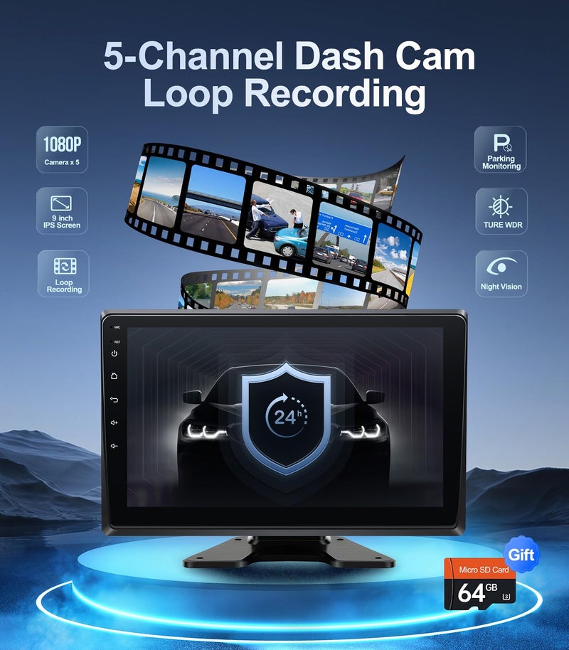 Seventour 5-Channel 1080P Backup Camera Dash Cam with 10.2'' Monitor,DVR Recording Back Up Camera for RV/Truck/Van/Trailer/SUV Cars, Android.11 Car Raido with Wireless CarPlay/Android Auto/BT/FM/WiFi - Image 3