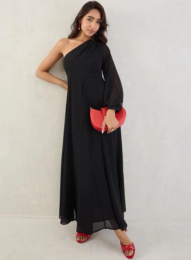 Femmella Femmella Black Solid One Shoulder Neck A-Line Maxi Dress