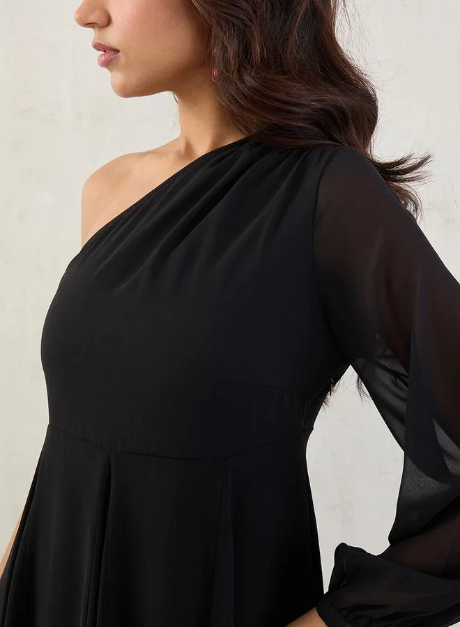 Femmella Femmella Black Solid One Shoulder Neck A-Line Maxi Dress