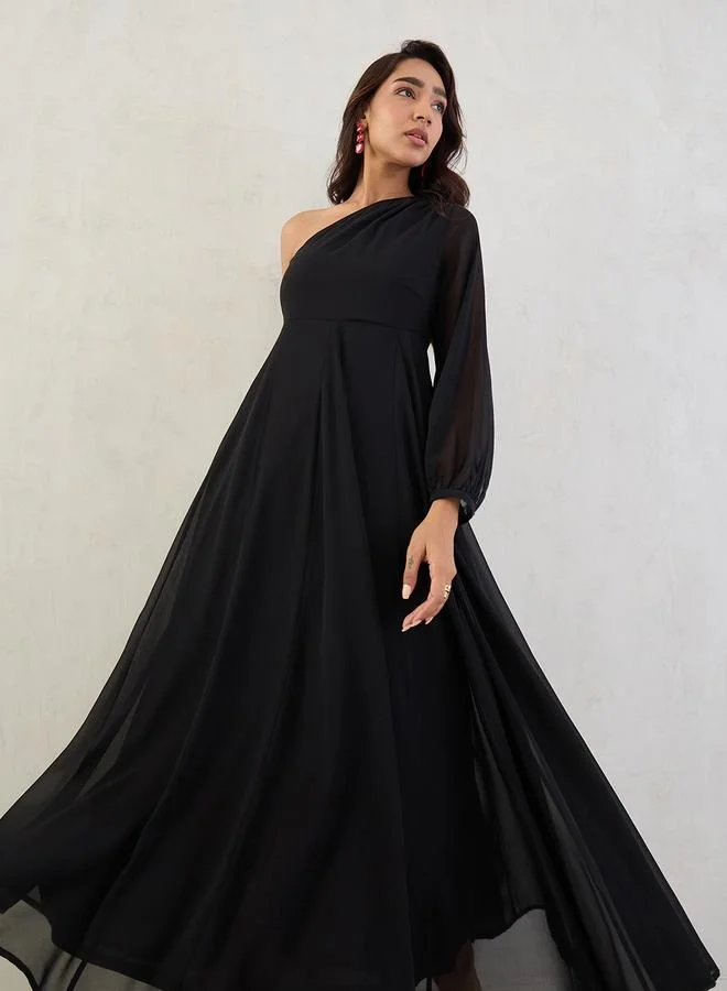 Femmella Femmella Black Solid One Shoulder Neck A-Line Maxi Dress