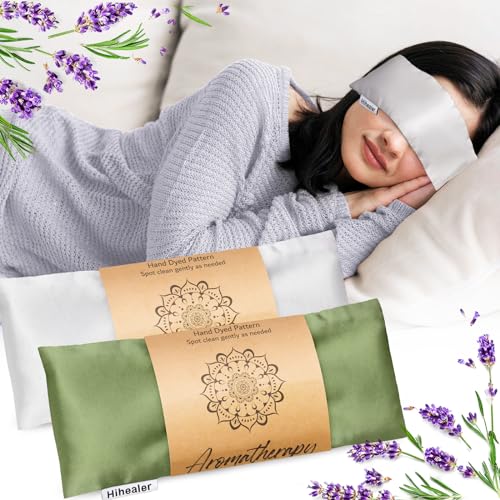 Hihealer Eye Pillow for Sleeping, Headache Relief, Sinus Pressure, Weighted Eye Mask for Relaxation, Yoga, Moist Heat Eye Compress, Meditation Accessories, Lavender Gift Set for Women (Green & Silver (Silk)) - Image 1