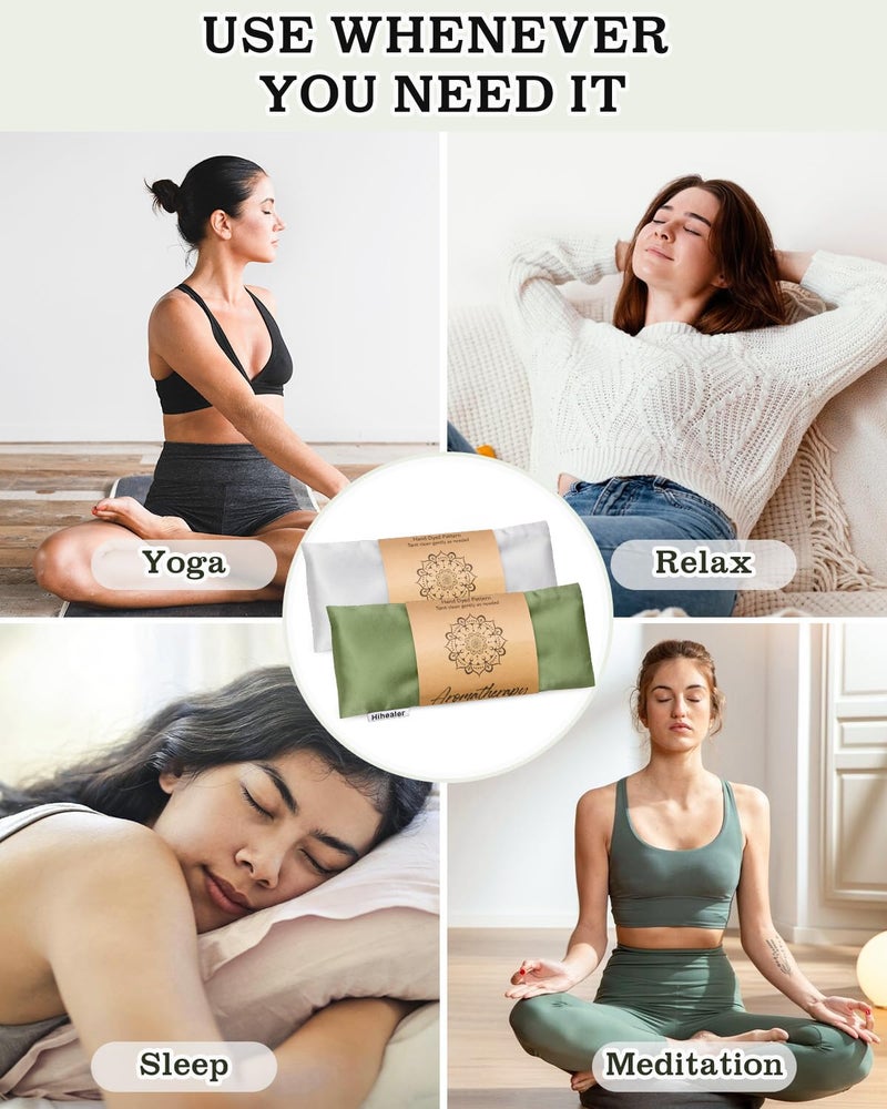 Hihealer Eye Pillow for Sleeping, Headache Relief, Sinus Pressure, Weighted Eye Mask for Relaxation, Yoga, Moist Heat Eye Compress, Meditation Accessories, Lavender Gift Set for Women (Green & Silver (Silk)) - Image 4