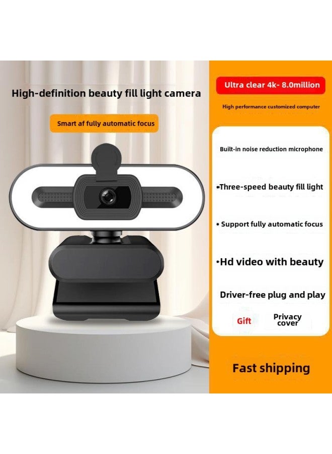 Camera Home Computer Live HD External Notebook Online Class Desktop Shooting Video Conference 8-Color:4k Ultra-clear Version [ 8.0million Pixels] Three-speed Beauty Fill Light Black  - Image 1