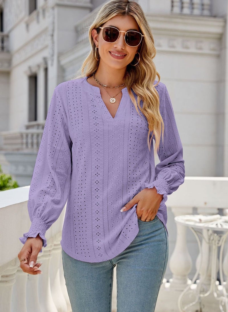 Loquat New Solid Color Hollowed Out Pleated Lotus Sleeve V-neck Loose Sleeved Shirt  - Image 1