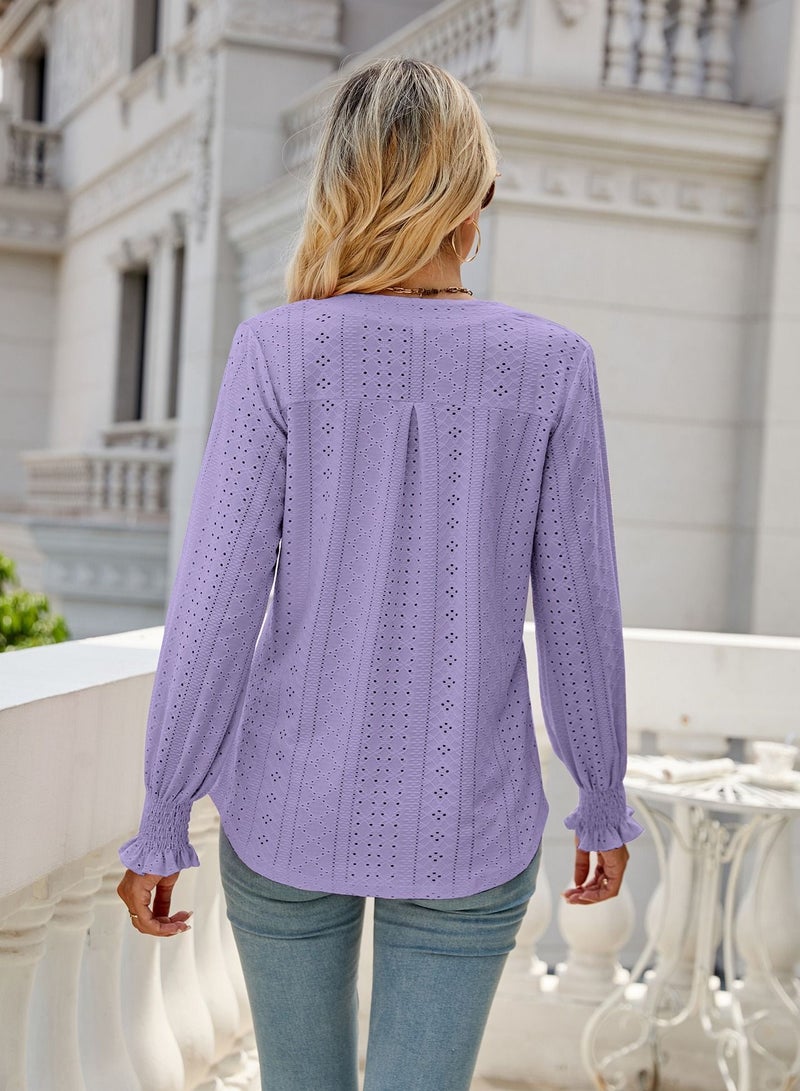 Loquat New Solid Color Hollowed Out Pleated Lotus Sleeve V-neck Loose Sleeved Shirt  - Image 2