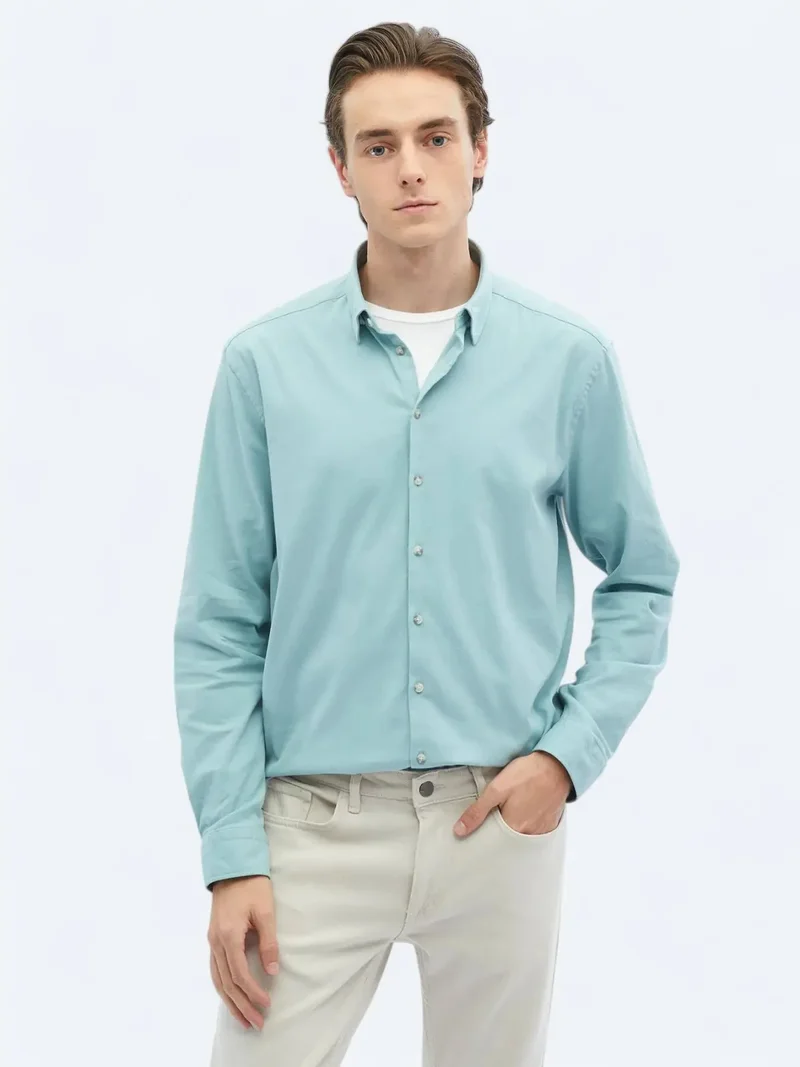 Kip Mint Plain Regular Fit Weaving Casual Cotton Blended Shirt