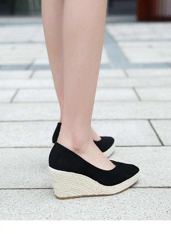 Loquat Women's Platform Espadrilles Wedge Heeled Sandals Slip On Closed Pointed Toe Wedge Pumps Black  - Image 4