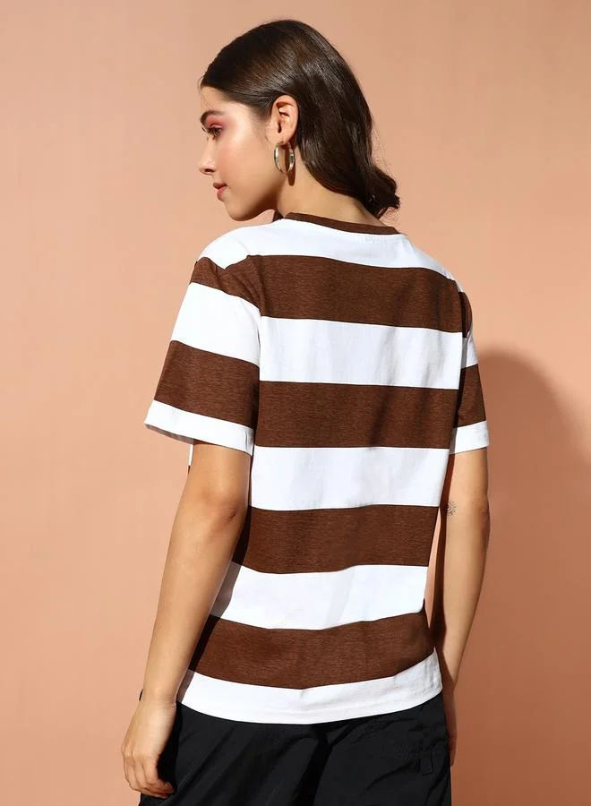 Take Two Brown Striped Oversized T-Shirt with Bear Patch By The Dry State