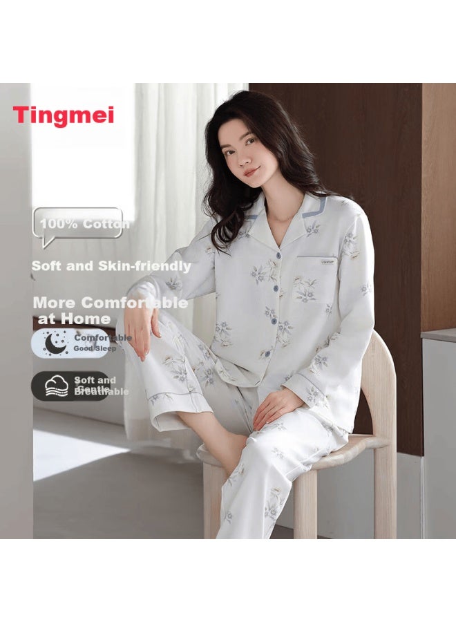 Gracewell Premium Cotton Pajama Set For Women, Cardigan Style, Spring And Autumn, Fashionable Long Sleeve And Long Pants Loungewear