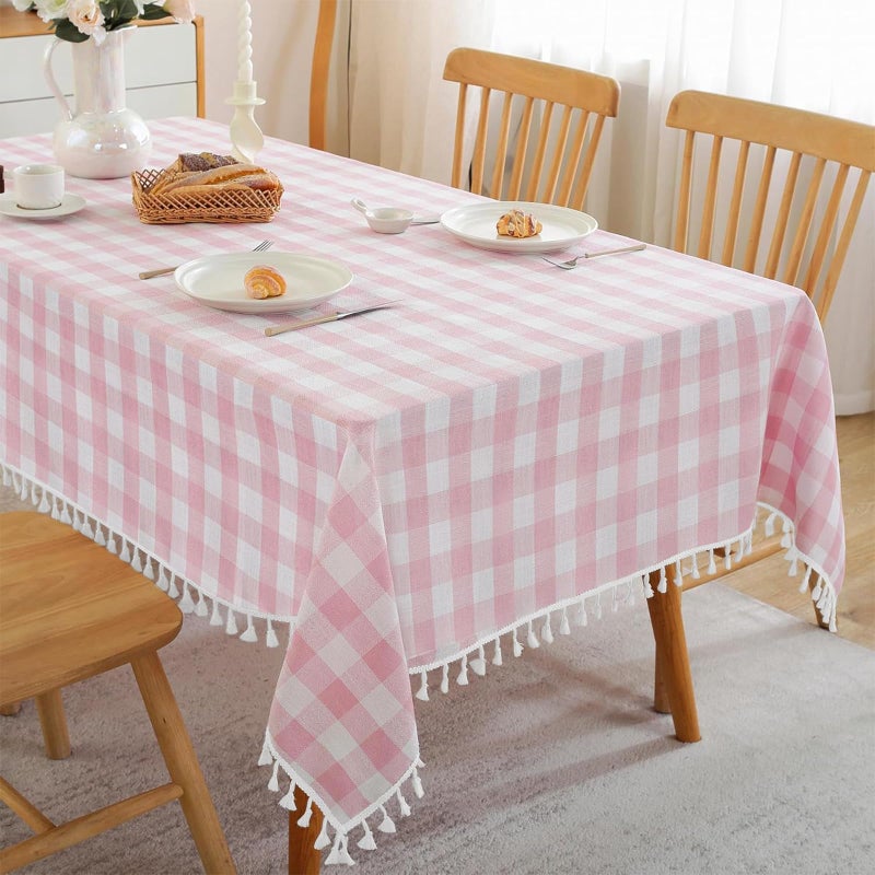 Jia le JIALE Valentines Gingham Tablecloth Rectangle Cotton Linen Fabric Checkered Table Cloth with Tassel Washable Wrinkle Free Buffalo Plaid Table Cover for Birthday Party Picnic Outdoor, Pink, 55x75 - Image 1