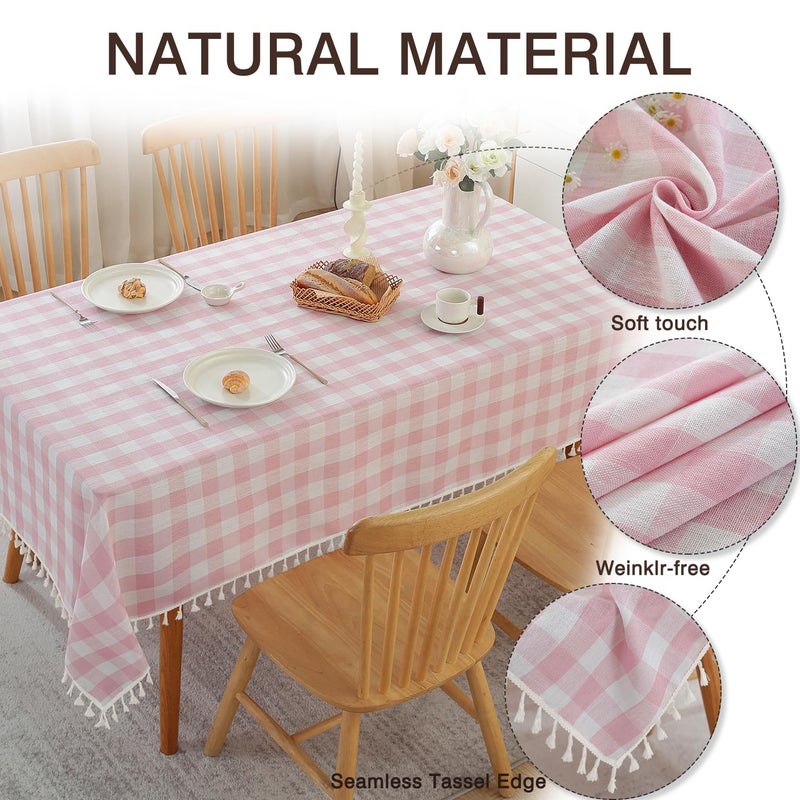 Jia le JIALE Valentines Gingham Tablecloth Rectangle Cotton Linen Fabric Checkered Table Cloth with Tassel Washable Wrinkle Free Buffalo Plaid Table Cover for Birthday Party Picnic Outdoor, Pink, 55x75 - Image 3