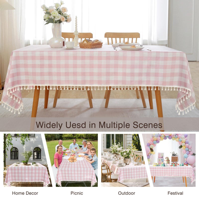 Jia le JIALE Valentines Gingham Tablecloth Rectangle Cotton Linen Fabric Checkered Table Cloth with Tassel Washable Wrinkle Free Buffalo Plaid Table Cover for Birthday Party Picnic Outdoor, Pink, 55x75 - Image 2