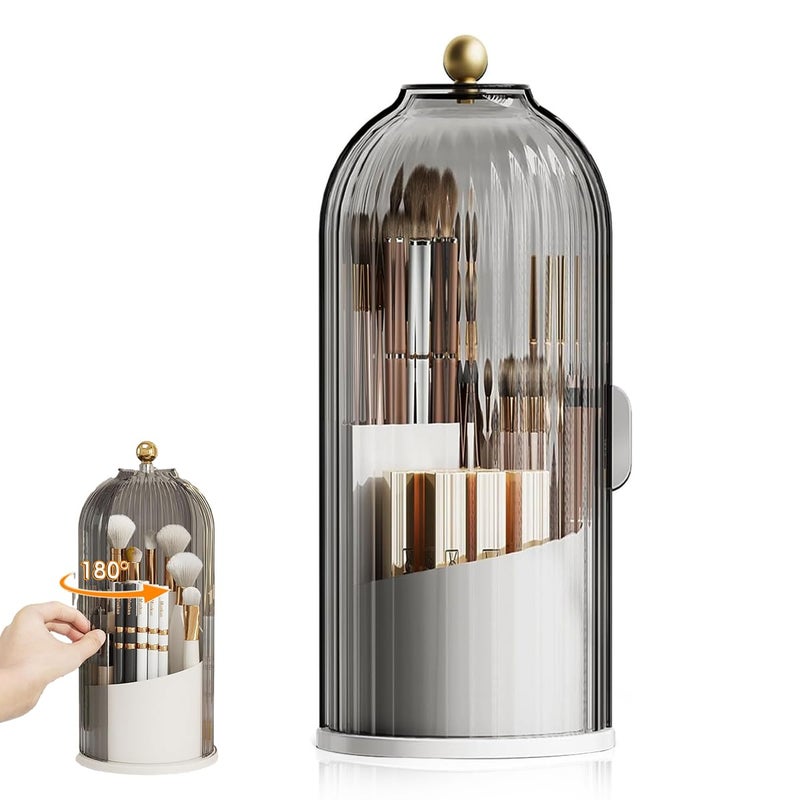 May Create Plastic Cosmetics Makeup Brush Holder Organizer With Lid, 3-Grid Makeup Storage Case 360° Rotatable Dustproof Makeup Brushes Organizer Stand For Vanity Desktop Bathroom-Grey - Image 1