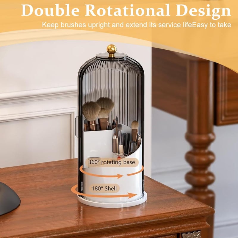 May Create Plastic Cosmetics Makeup Brush Holder Organizer With Lid, 3-Grid Makeup Storage Case 360° Rotatable Dustproof Makeup Brushes Organizer Stand For Vanity Desktop Bathroom-Grey - Image 4