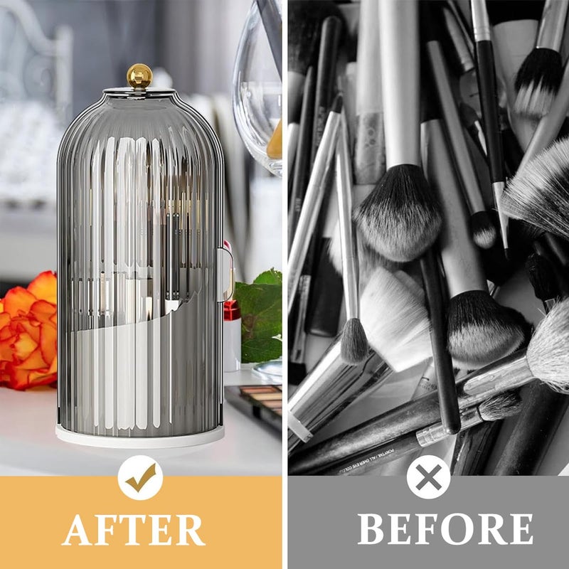 May Create Plastic Cosmetics Makeup Brush Holder Organizer With Lid, 3-Grid Makeup Storage Case 360° Rotatable Dustproof Makeup Brushes Organizer Stand For Vanity Desktop Bathroom-Grey - Image 5