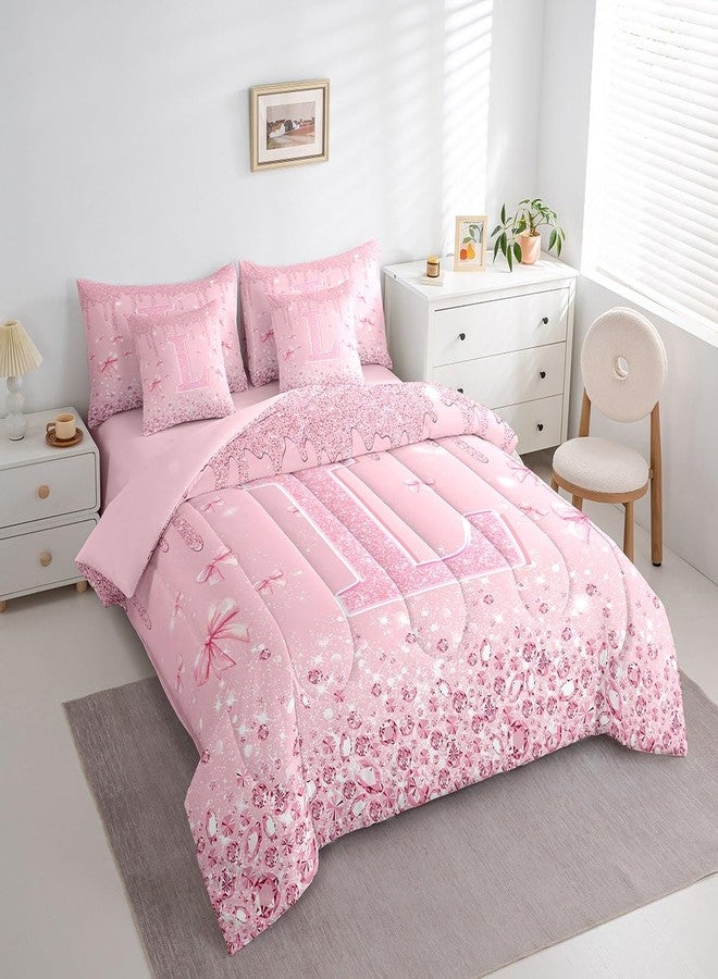 Erosebridal طقم لحاف وردي مزين بفيونكة أميرة للبنات من إيروسبريدال، مقاس توأم، مع ملاءات، 7 قطع، طقم سرير للأطفال مزين بفيونكة، طقم سرير مزين بحرف L لامع قابل للتخصيص، طقم سرير مزين بترتر ماسي - Image 3