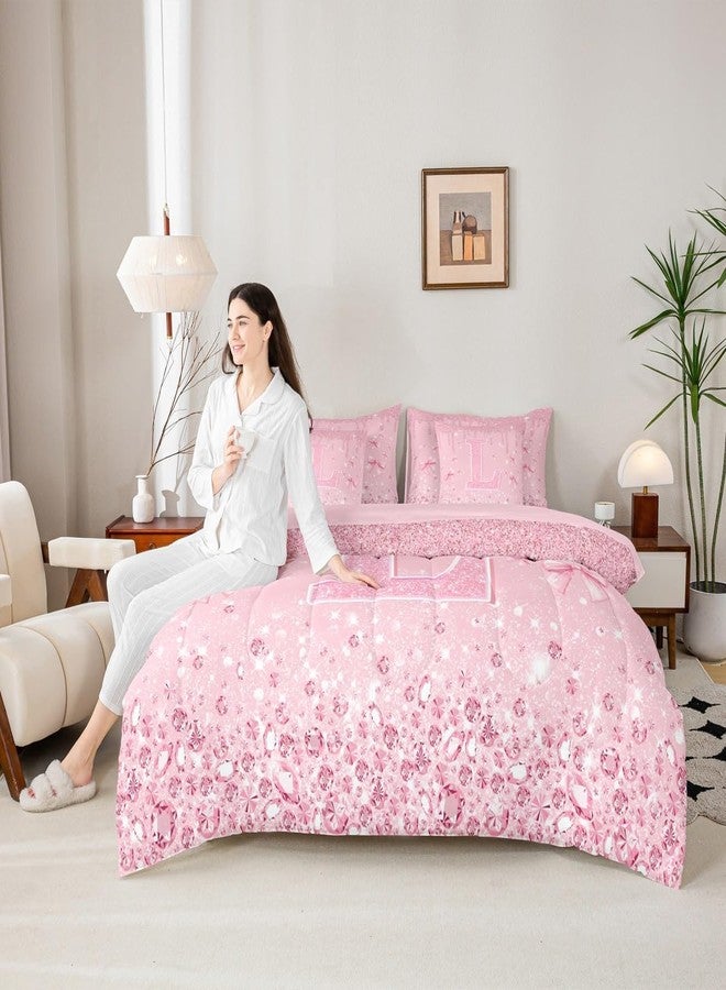 Erosebridal طقم لحاف وردي مزين بفيونكة أميرة للبنات من إيروسبريدال، مقاس توأم، مع ملاءات، 7 قطع، طقم سرير للأطفال مزين بفيونكة، طقم سرير مزين بحرف L لامع قابل للتخصيص، طقم سرير مزين بترتر ماسي - Image 4