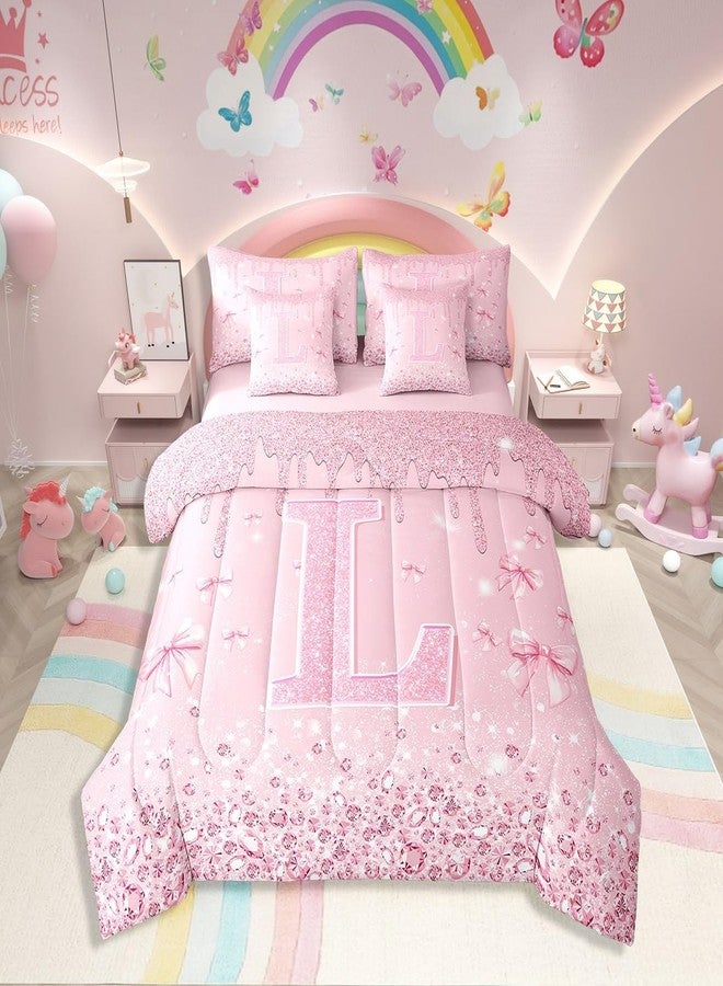 Erosebridal طقم لحاف وردي مزين بفيونكة أميرة للبنات من إيروسبريدال، مقاس توأم، مع ملاءات، 7 قطع، طقم سرير للأطفال مزين بفيونكة، طقم سرير مزين بحرف L لامع قابل للتخصيص، طقم سرير مزين بترتر ماسي - Image 1