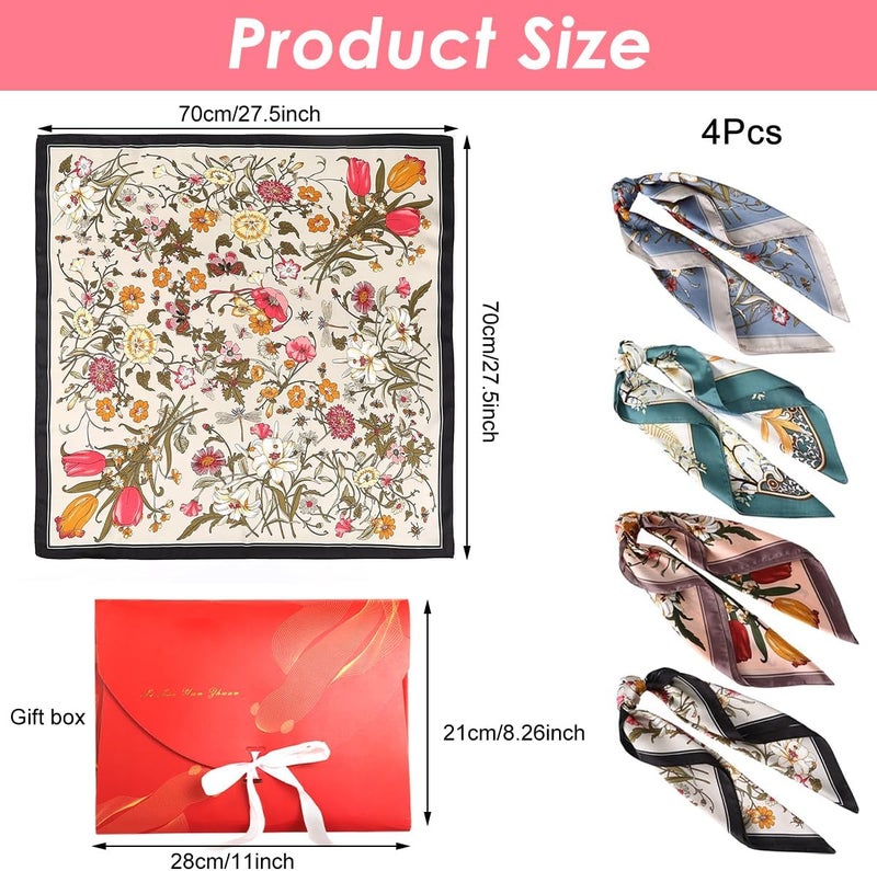 HANNEA® Silk Like Hair Scarf for Women - 4 Pack Satin Square Bandanas with Vintage Floral Print - Image 2