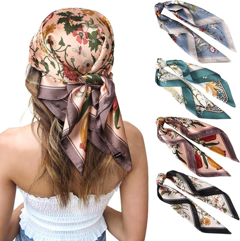 HANNEA® Silk Like Hair Scarf for Women - 4 Pack Satin Square Bandanas with Vintage Floral Print - Image 1