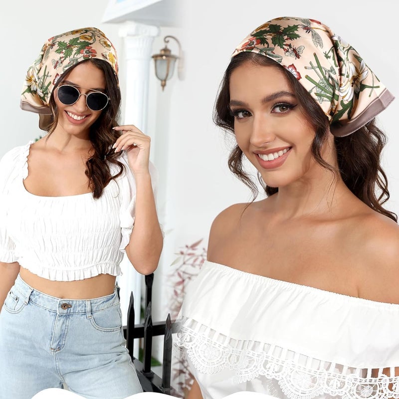HANNEA® Silk Like Hair Scarf for Women - 4 Pack Satin Square Bandanas with Vintage Floral Print - Image 5