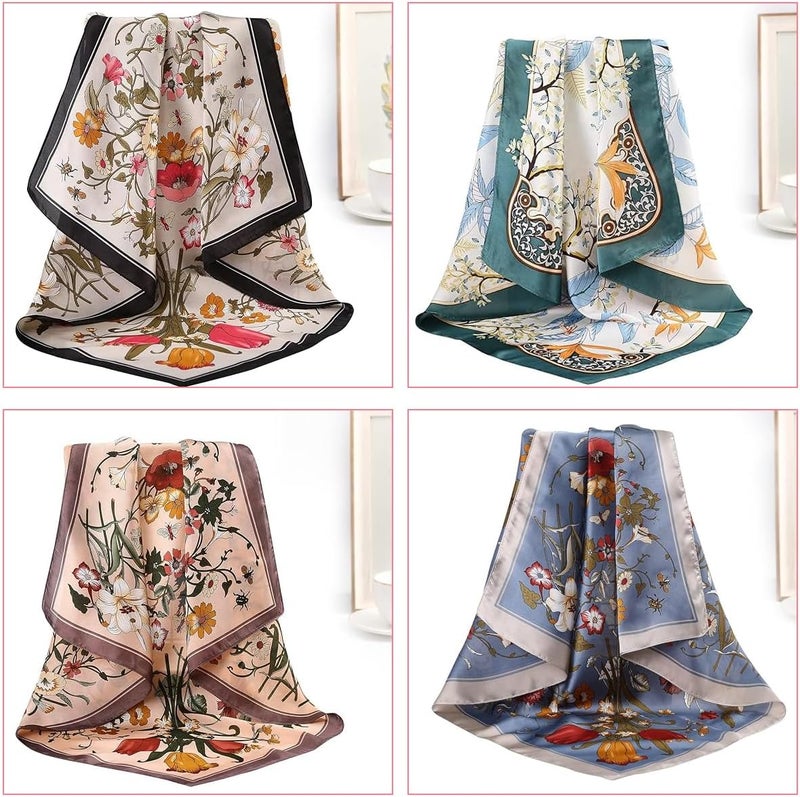 HANNEA® Silk Like Hair Scarf for Women - 4 Pack Satin Square Bandanas with Vintage Floral Print - Image 4