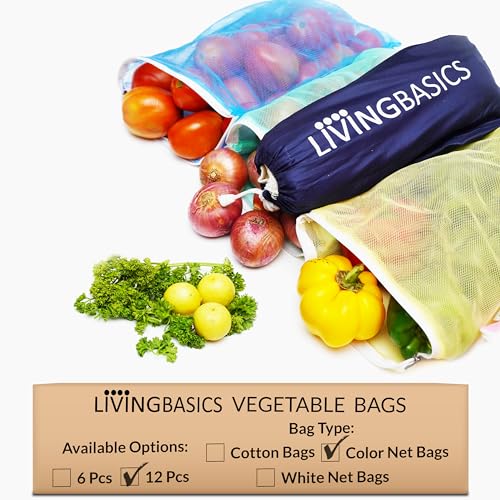 LivingBasics Set of 12 Reusable Double Layer Mesh Fridge/Refrigerator Bags/Pouches for Storage of Fruits, Vegetables & Accessories/Vegetable Bags for Fridge Storage (Multicolor) - Image 1