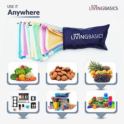 LivingBasics Set of 12 Reusable Double Layer Mesh Fridge/Refrigerator Bags/Pouches for Storage of Fruits, Vegetables & Accessories/Vegetable Bags for Fridge Storage (Multicolor) - Image 5
