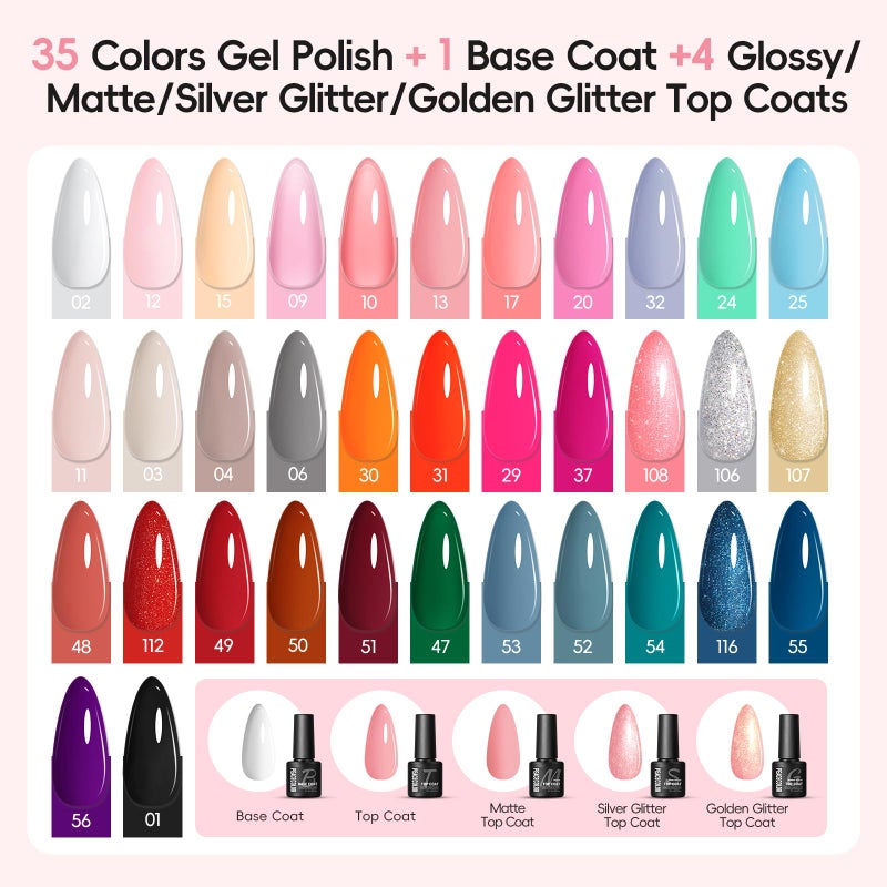 PEACECOLOR 53PC Gel Nail Polish Kit with U V Light and Drill 35 Colors Soak Off Gel Polish with Matte Glitter Glossy Top Base Coat Art Manicure Complete Nail Polish Kit Gifts for Women - Image 2