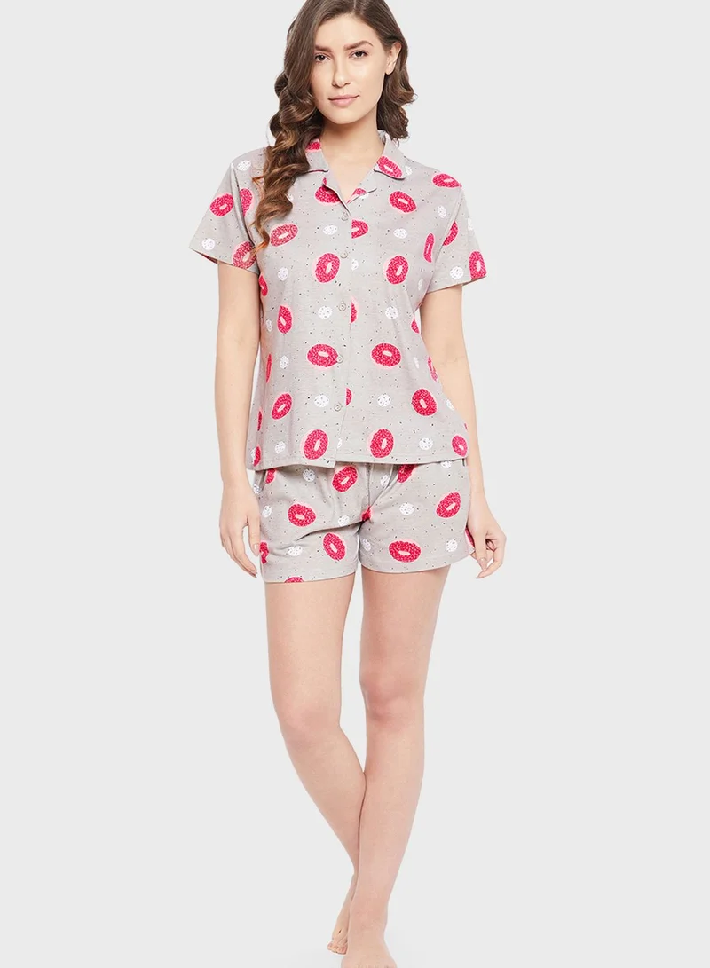 Clovia Donut Print Button Down Shirt & Shorts Set - 100% Cotton