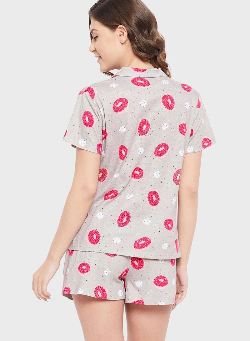 Clovia Donut Print Button Down Shirt & Shorts Set - 100% Cotton - Image 2