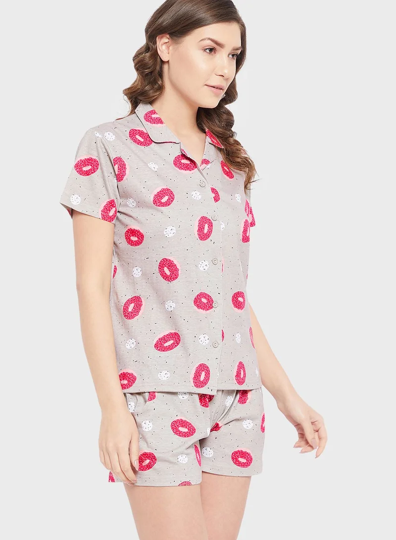 Clovia Donut Print Button Down Shirt & Shorts Set - 100% Cotton