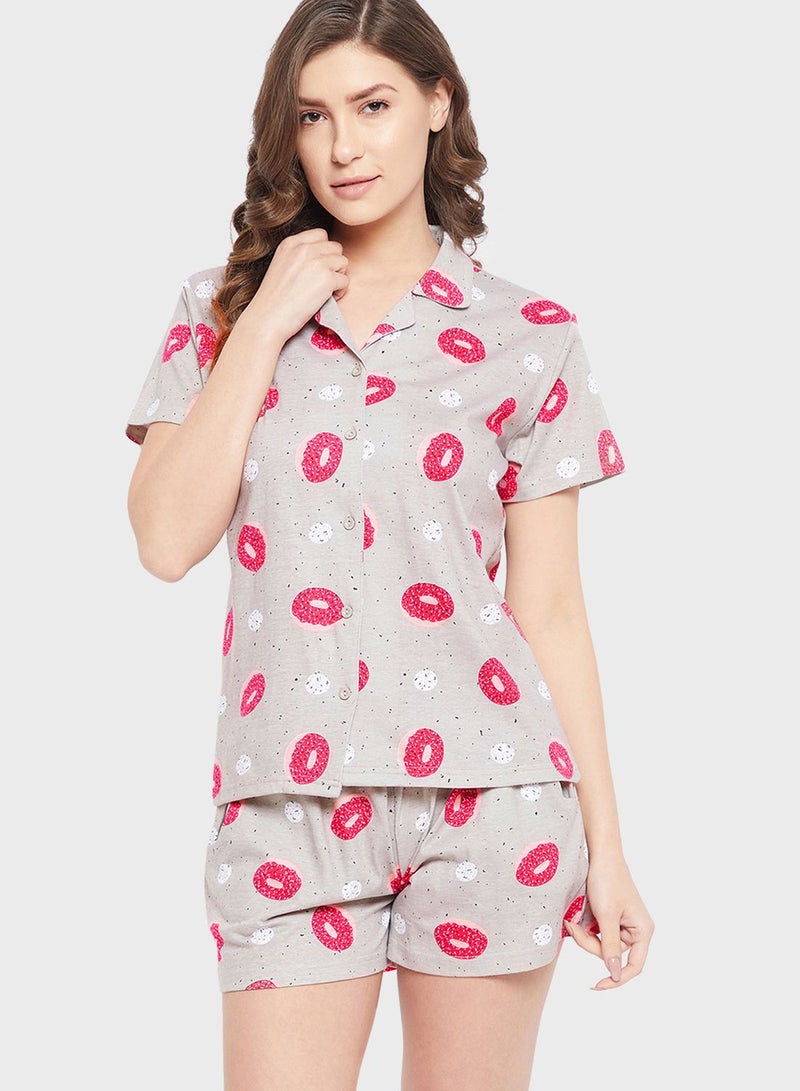 Clovia Donut Print Button Down Shirt & Shorts Set - 100% Cotton - Image 1