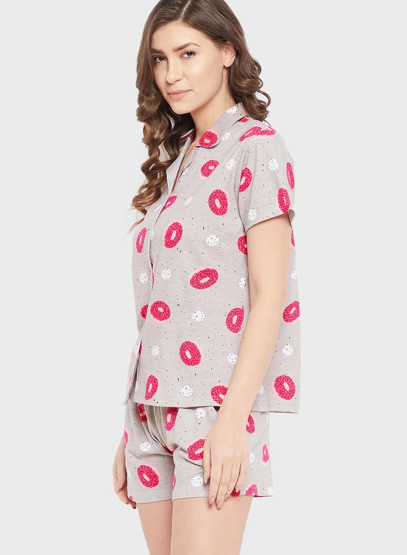Clovia Donut Print Button Down Shirt & Shorts Set - 100% Cotton