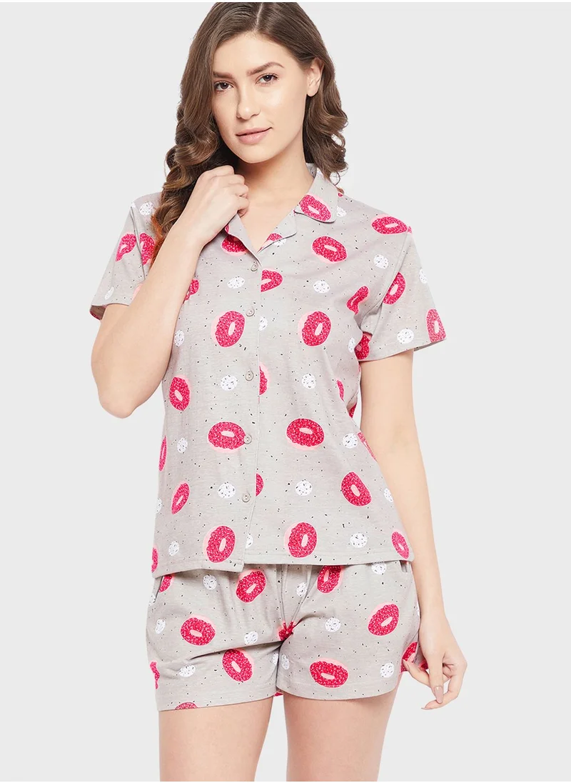 Clovia Donut Print Button Down Shirt & Shorts Set - 100% Cotton