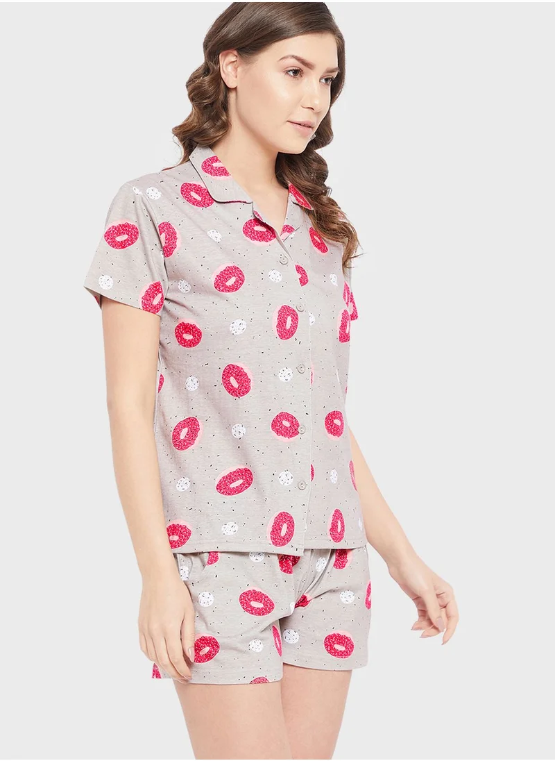 Clovia Donut Print Button Down Shirt & Shorts Set - 100% Cotton
