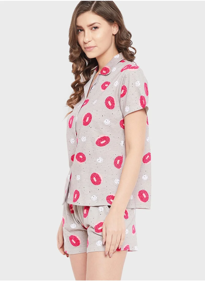 Clovia Donut Print Button Down Shirt & Shorts Set - 100% Cotton
