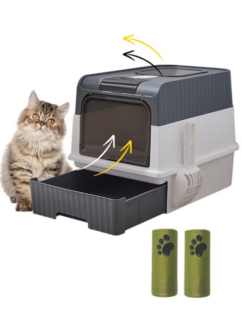 Cat Litter Box Large with Easy Entry & Exit, Spacious and Easy to Clean Cat Box for All Cat Sizes, Long-Lasting Large Cat litter Box with Lid, 2 Trash Bags & 1 Cat Litter Scoop Included