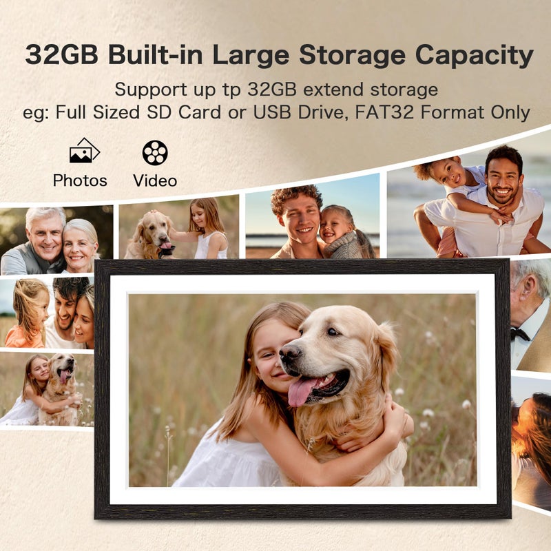 Pastigio Digital Picture Frame, 15.6 Inch Frameo Digital Frame WiFi, 1920 * 1080 IPS FHD Touchscreen, 32GB, Tabletop&Wall-Mounted, Share Picture Video, Large Electric Photo Frame, Mom Gifts, Black Woodgrain - Image 3