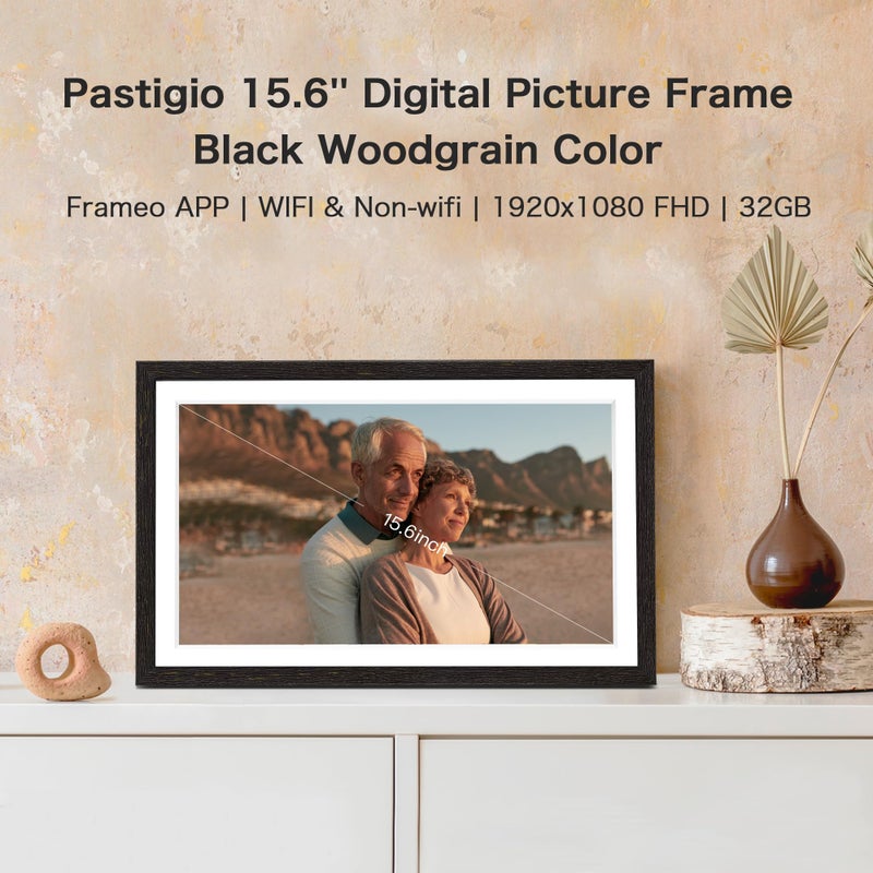 Pastigio Digital Picture Frame, 15.6 Inch Frameo Digital Frame WiFi, 1920 * 1080 IPS FHD Touchscreen, 32GB, Tabletop&Wall-Mounted, Share Picture Video, Large Electric Photo Frame, Mom Gifts, Black Woodgrain - Image 2