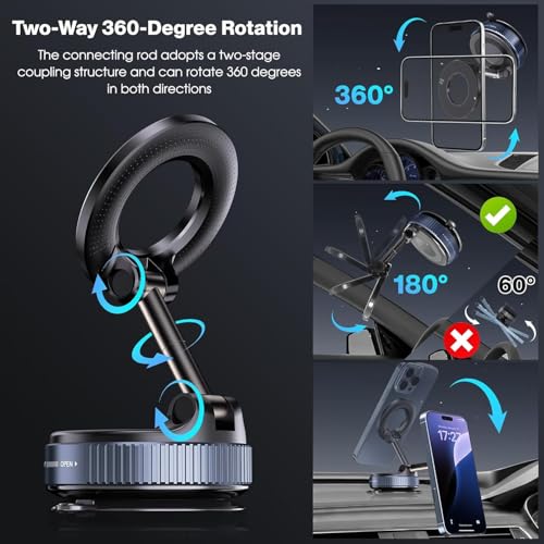 ADOFYS Upgraded Vacuum Magnetic Car Phone Holder 360° Reinforced 96LBS Ultra Suction Cup Mount for MagSafe Cell Phone Holders for Your Car/Gym/Mirror Mount for iPhone & Android - Image 4