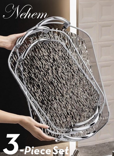 3 PCS Clear Serving Tray, With Polished Metal Handles, Serving Plate, Wavy Pattern Clear Tray, Spill-Proof Tray, Decorative Serving Tray for Coffee Table, Tea, Storage