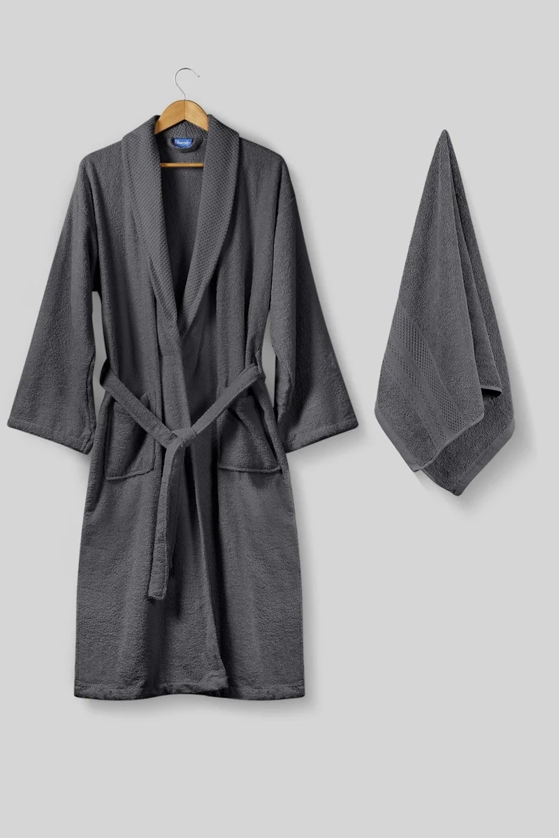 Bluenity Softy-Natural Cotton Extra Soft Bathrobe L/XL+50X90 Towel Set-Anthracite